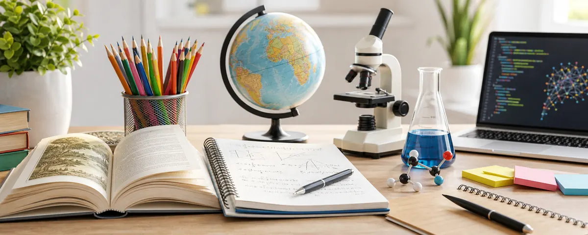 Schulfächer als Lernmaterialien auf einem hellen Schreibtisch